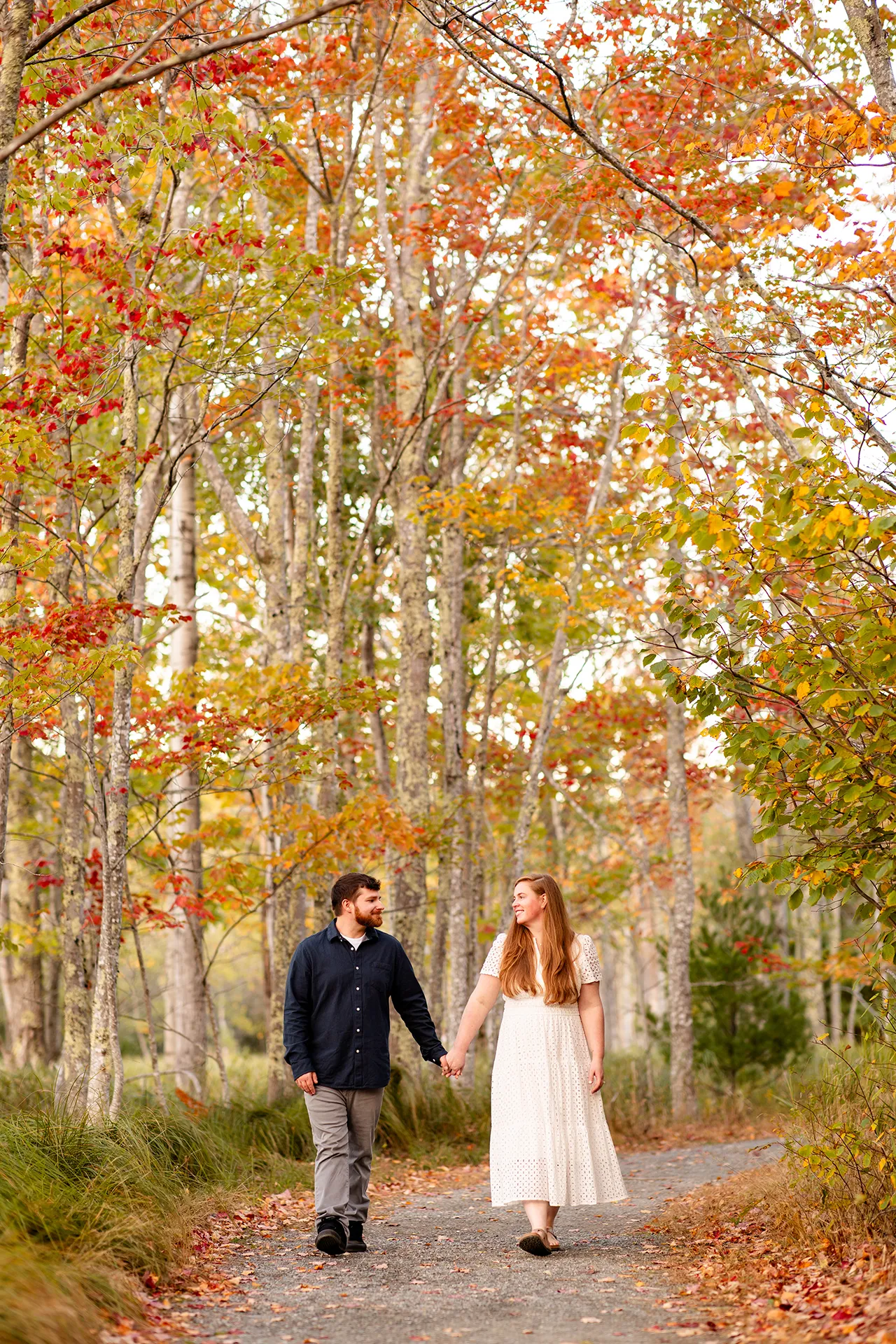 A man and woman hold hands and walk during a fall engagement session near the Hemlock Trail at Acadia National Park in Bar Harbor, Maine.