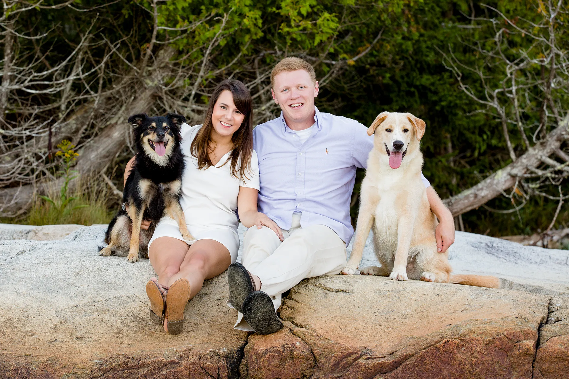 maine engagement photography stephanie nick 01 A man and woman smile and pose with their dogs during an engagement session at Curtis Cove in Blue Hill, Maine.