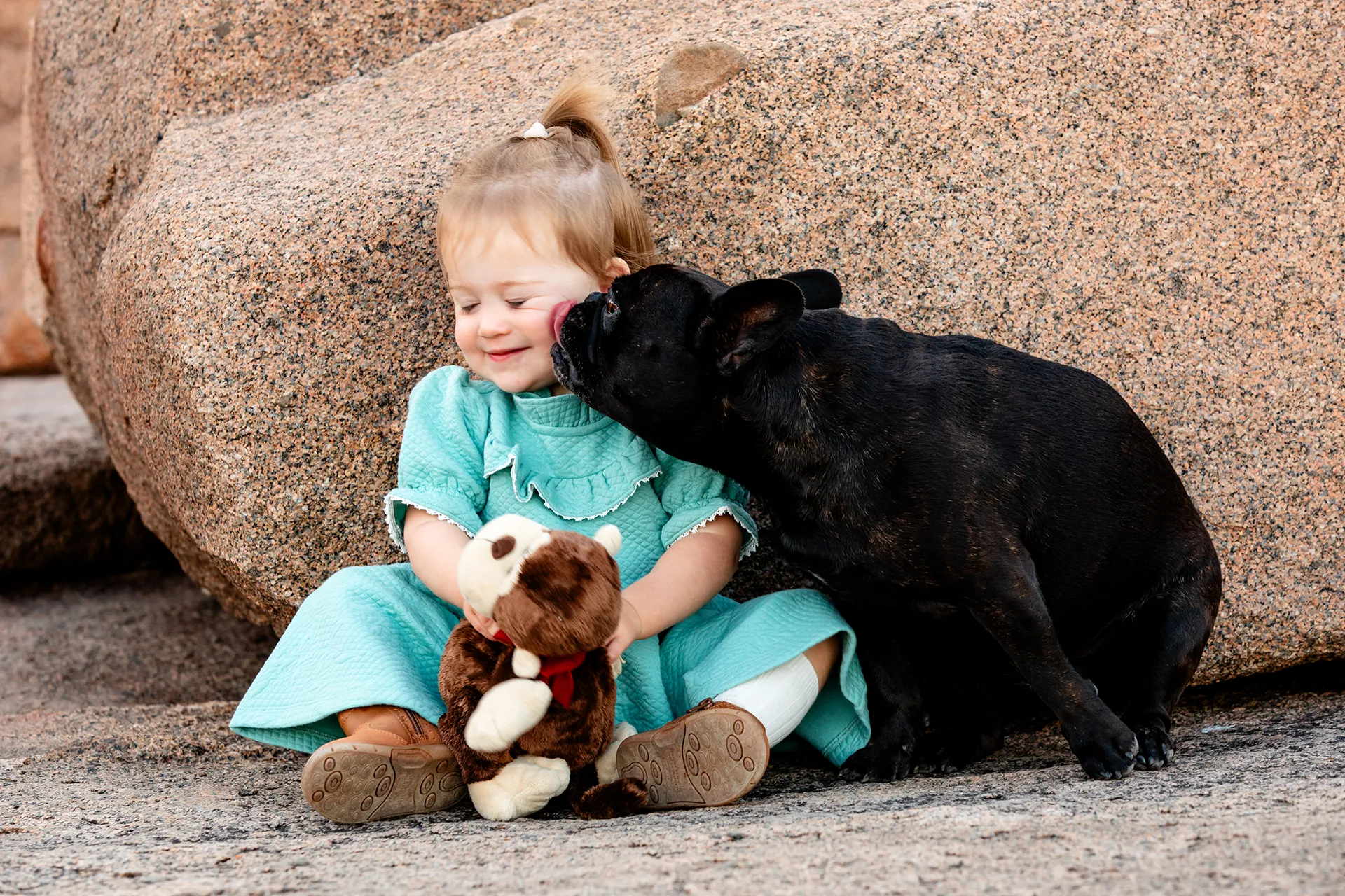 maine family photography myer 04 A black dog licks a young girl during a family portrait session near the Ocean Path Trail in Acadia National Park.
