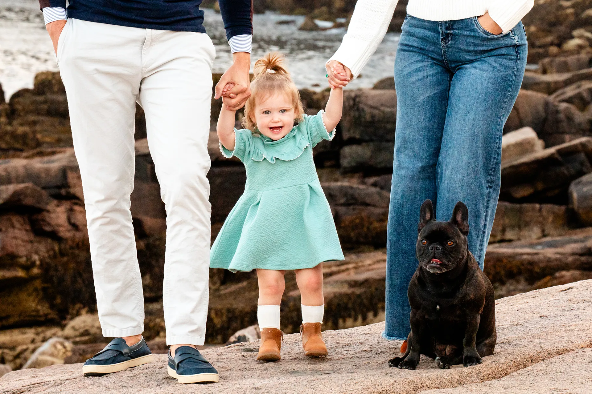 maine family photography myer 07 A young girl smiles while she holds her mom and dad's hands and poses with her black dog during a family portrait session in Acadia National Park.