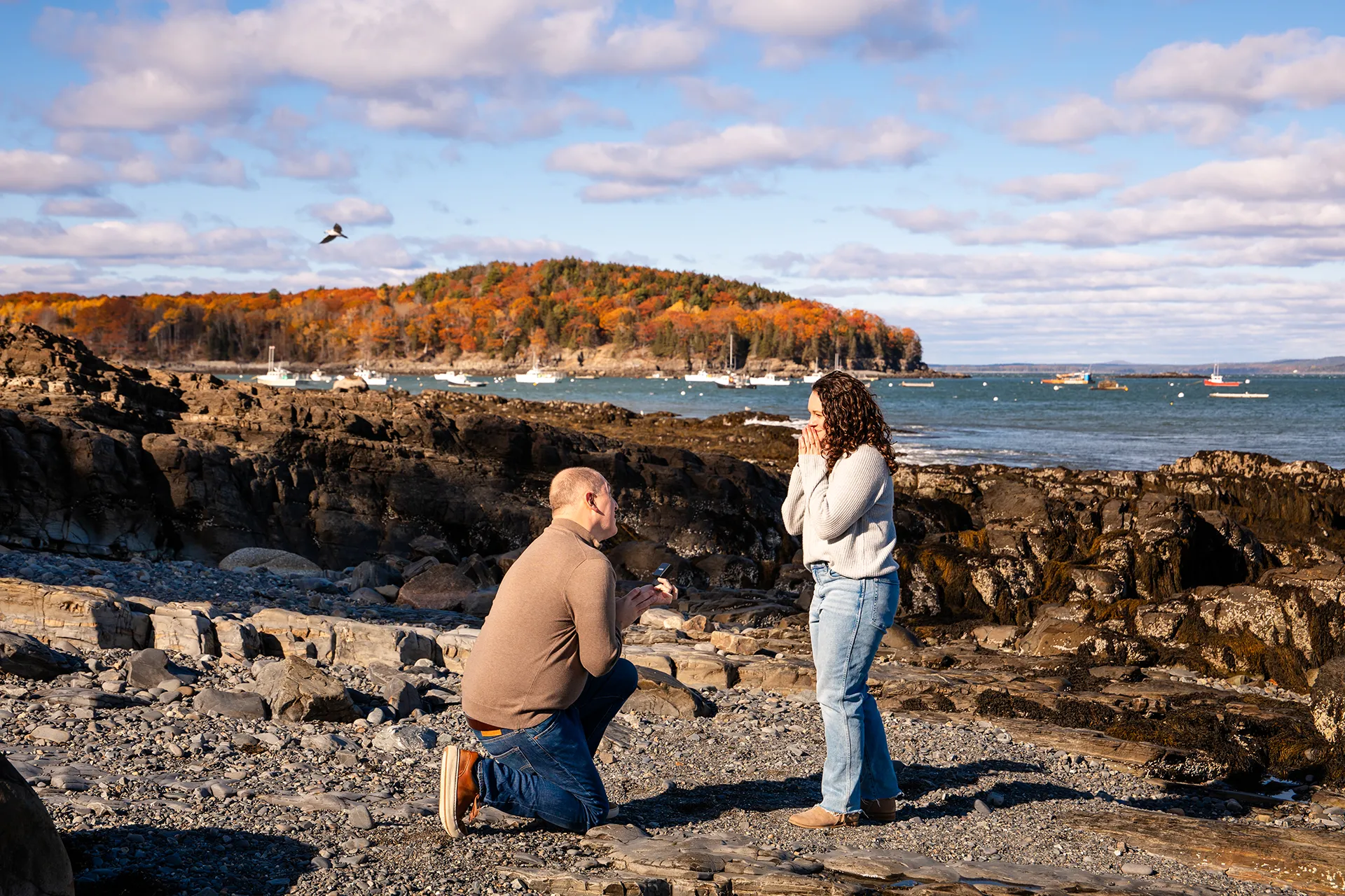 A man kneels in front of a woman on a rocky beach as he asks her to marry him at the Bar Harbor Inn and Spa in Maine.
