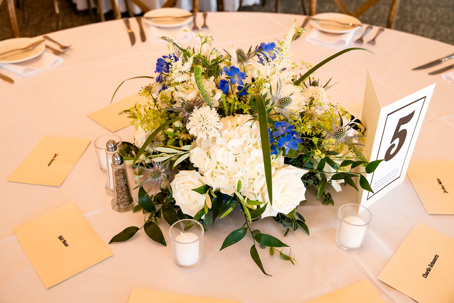 A closeup of a floral centerpiece for a wedding reception at the Atlantic Oceanside Hotel & Event Center in Bar Harbor, Maine.