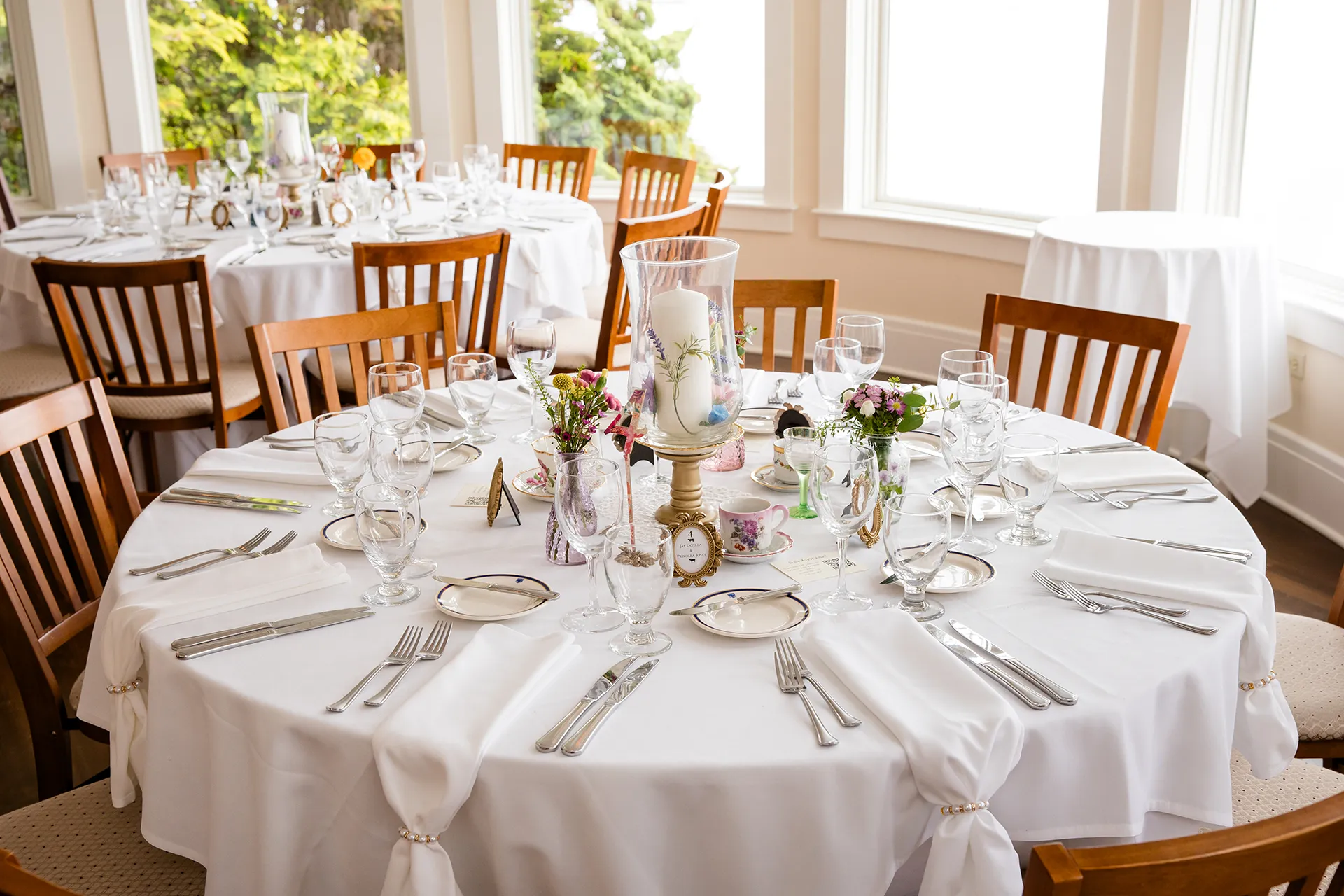 maine wedding photography bethany mike 02 A table setup for a garden party themed wedding at the York Harbor Reading Room in Maine.