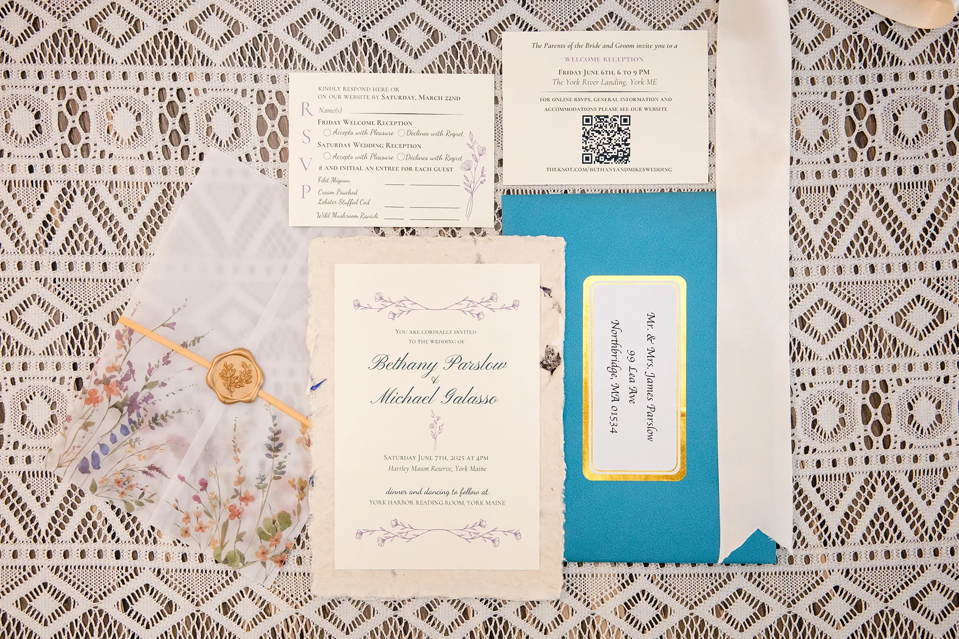 maine wedding photography bethany mike 10 An invitation suite for a garden party themed wedding at the York Harbor Reading Room in Maine.