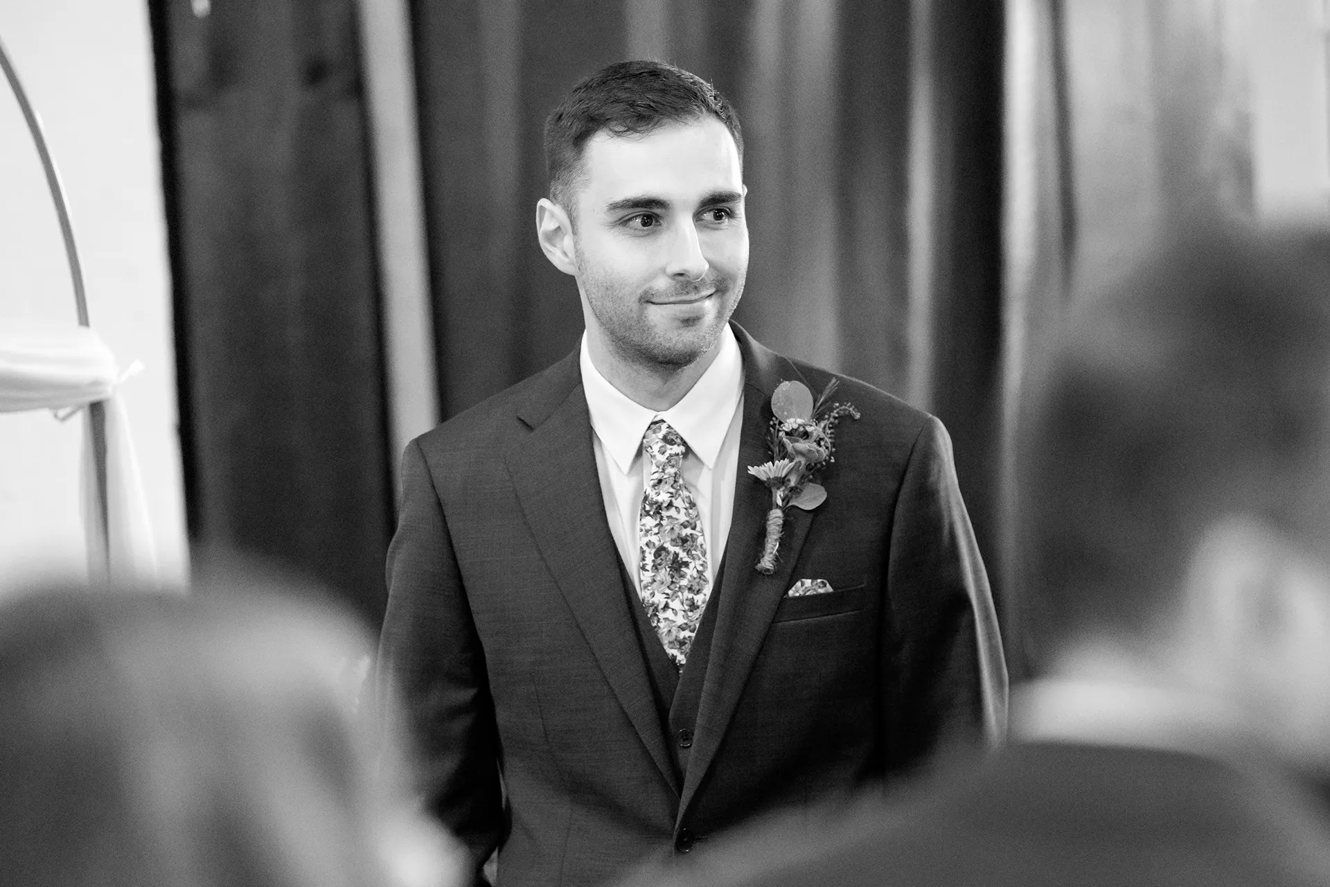 maine wedding photography bethany mike 27 A groom smiles at a bride during a wedding ceremony at York Harbor Reading Room in York, Maine.