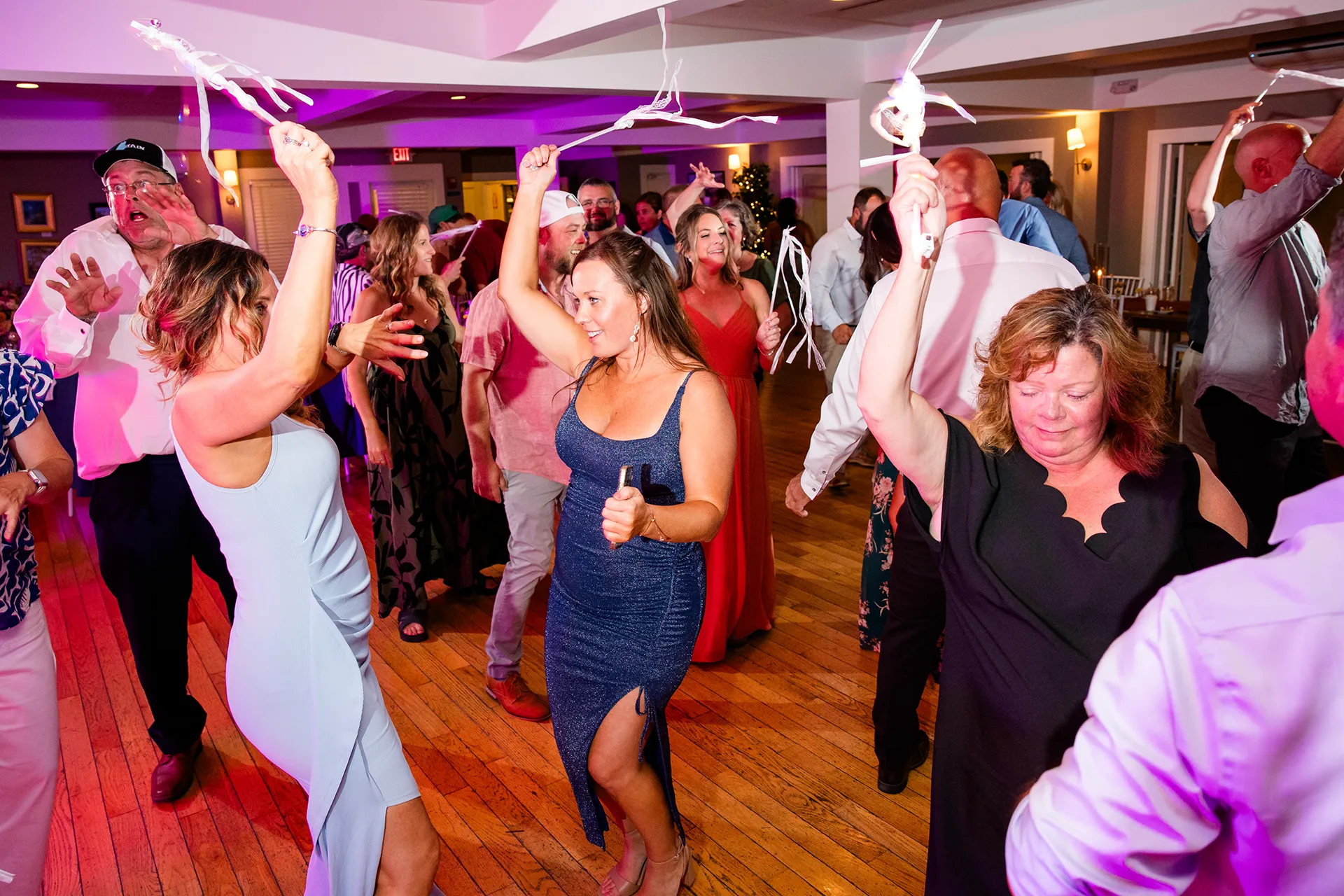 Wedding guests dance during a reception at the Newagen Seaside Inn in Southport Maine.