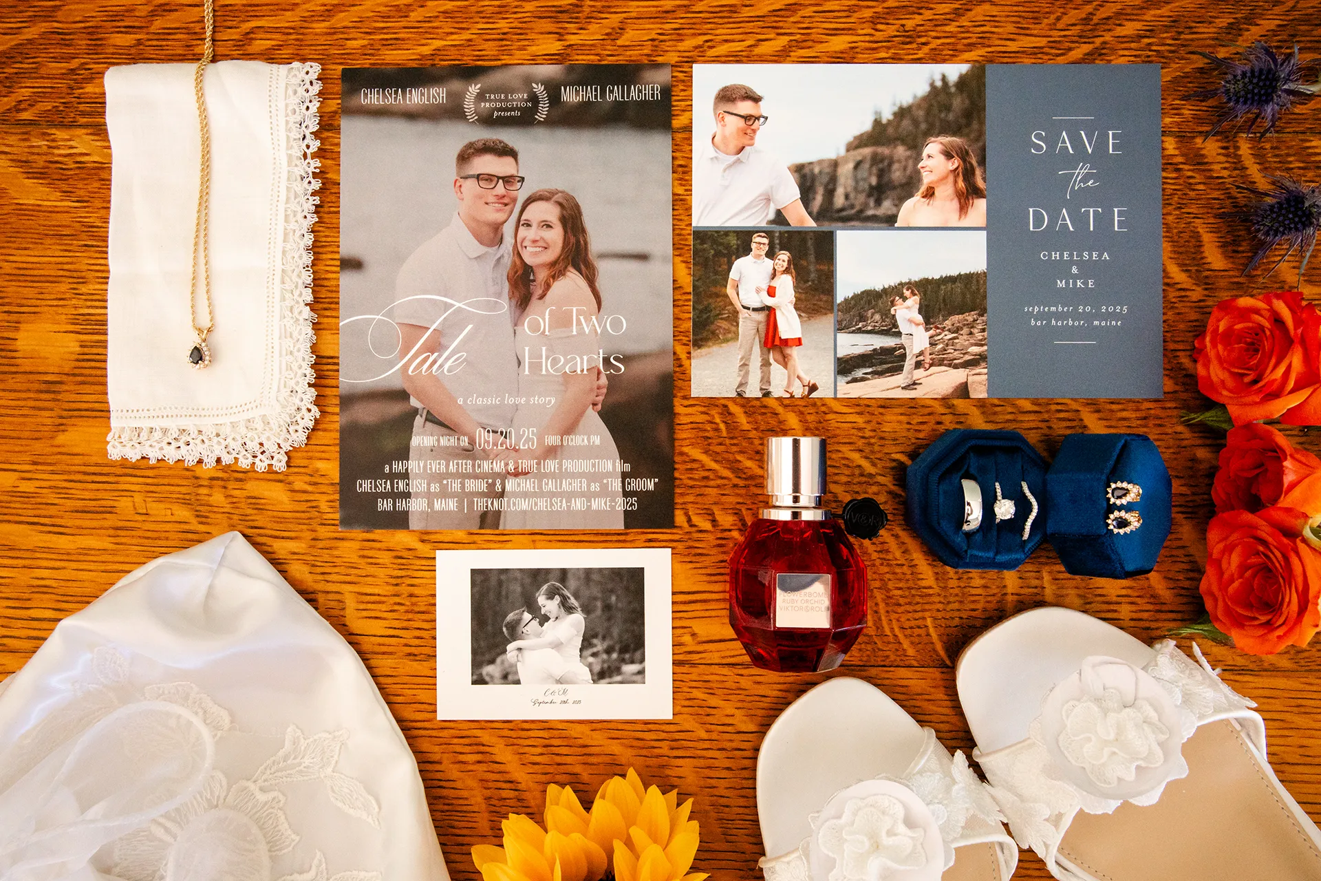A closeup of a flat lay from a wedding at the Atlantic Oceanside Hotel & Event Center in Bar Harbor, Maine.