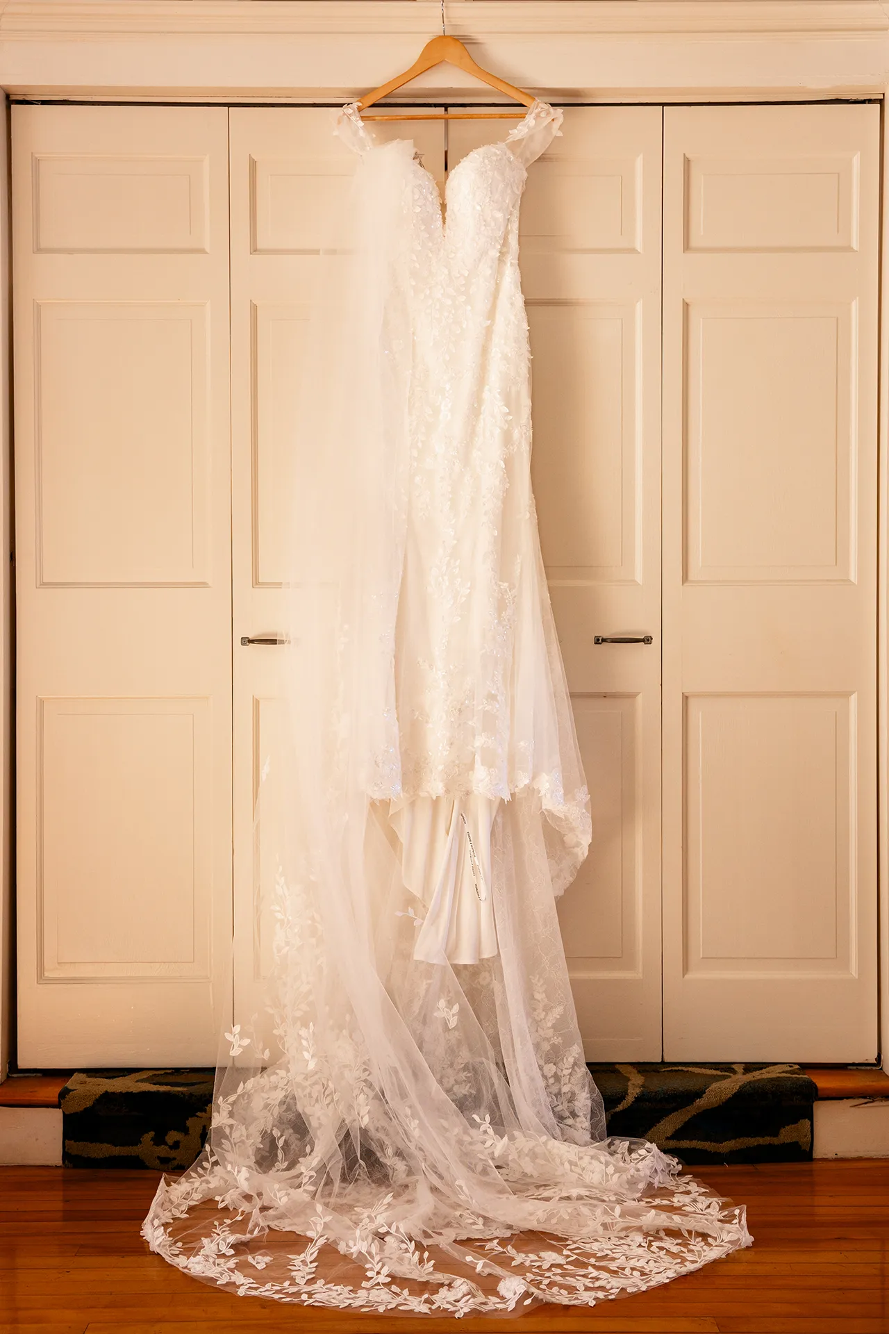 A wedding dress hangs from a door at the Willows on the property of the Atlantic Oceanside Hotel & Event Center in Bar Harbor, Maine.