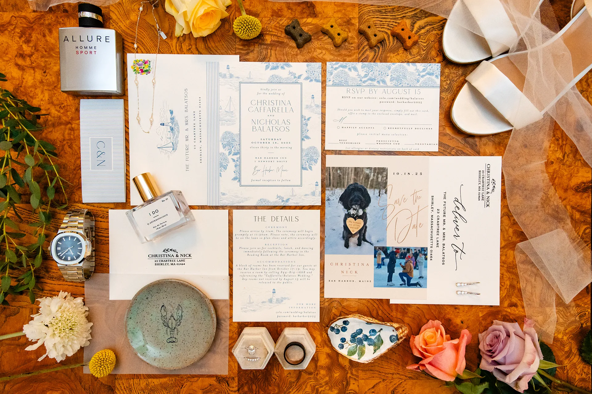 A closeup of a nautical wedding flat lay at the Bar Harbor Inn and Spa in Maine.