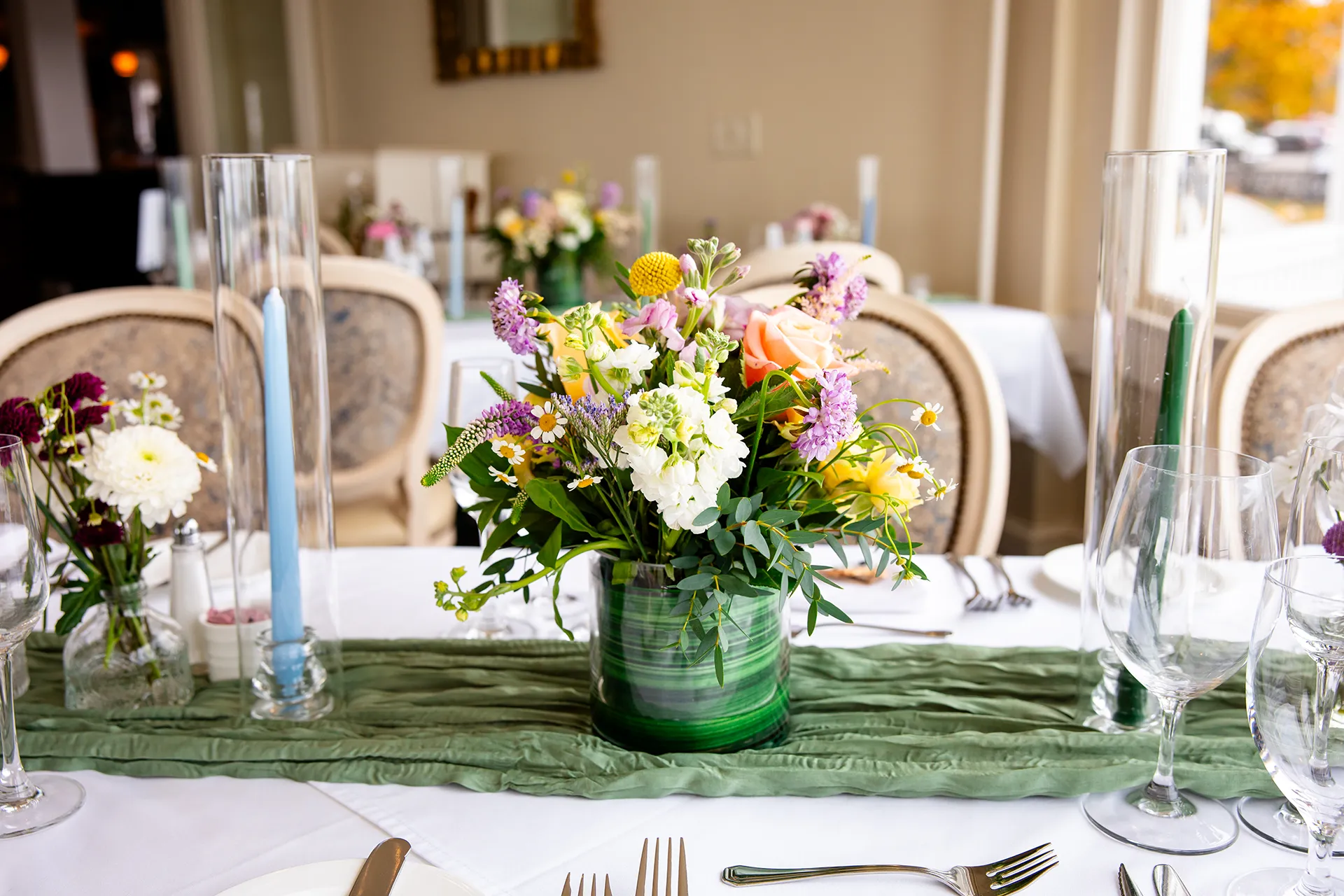 A closeup of a floral centerpiece at the Bar Harbor Inn and Spa near Acadia National Park in Maine.