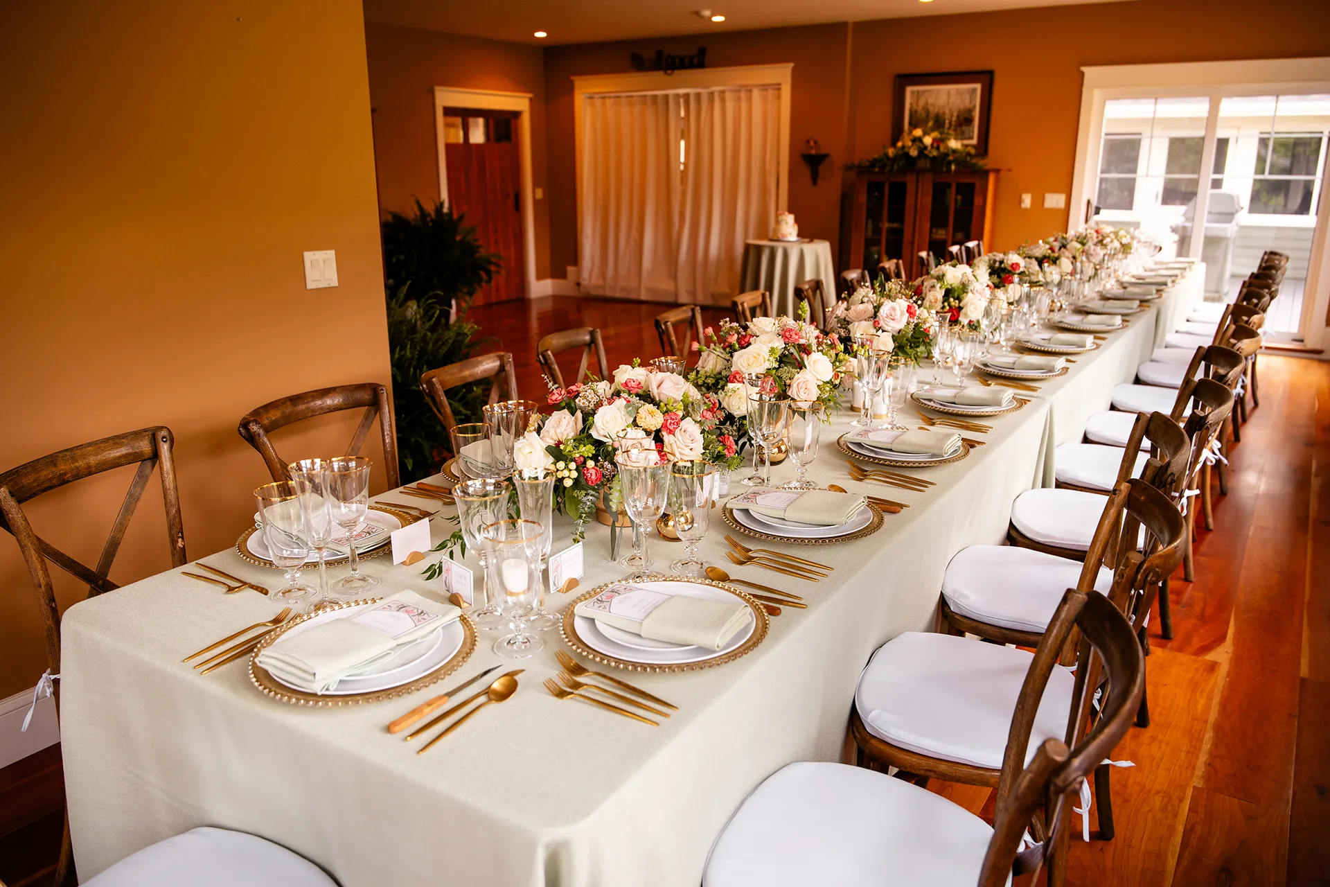 A setup for a micro wedding reception at a private residence in Bangor, Maine.