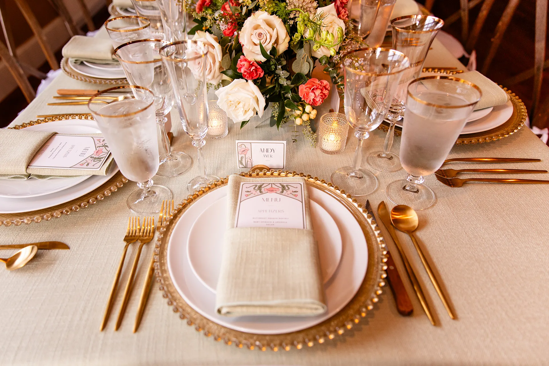 A closeup of a table setting for a micro wedding reception in Bangor, Maine.