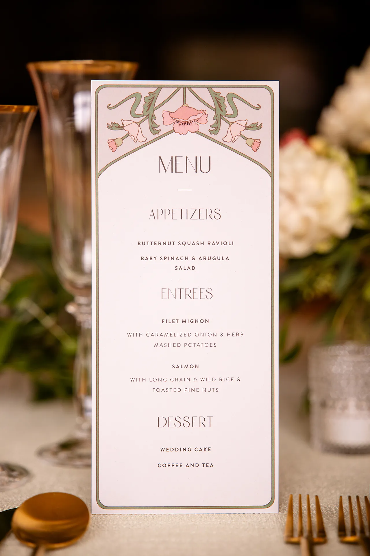 A closeup of a wedding menu for a micro wedding reception in Bangor, Maine.