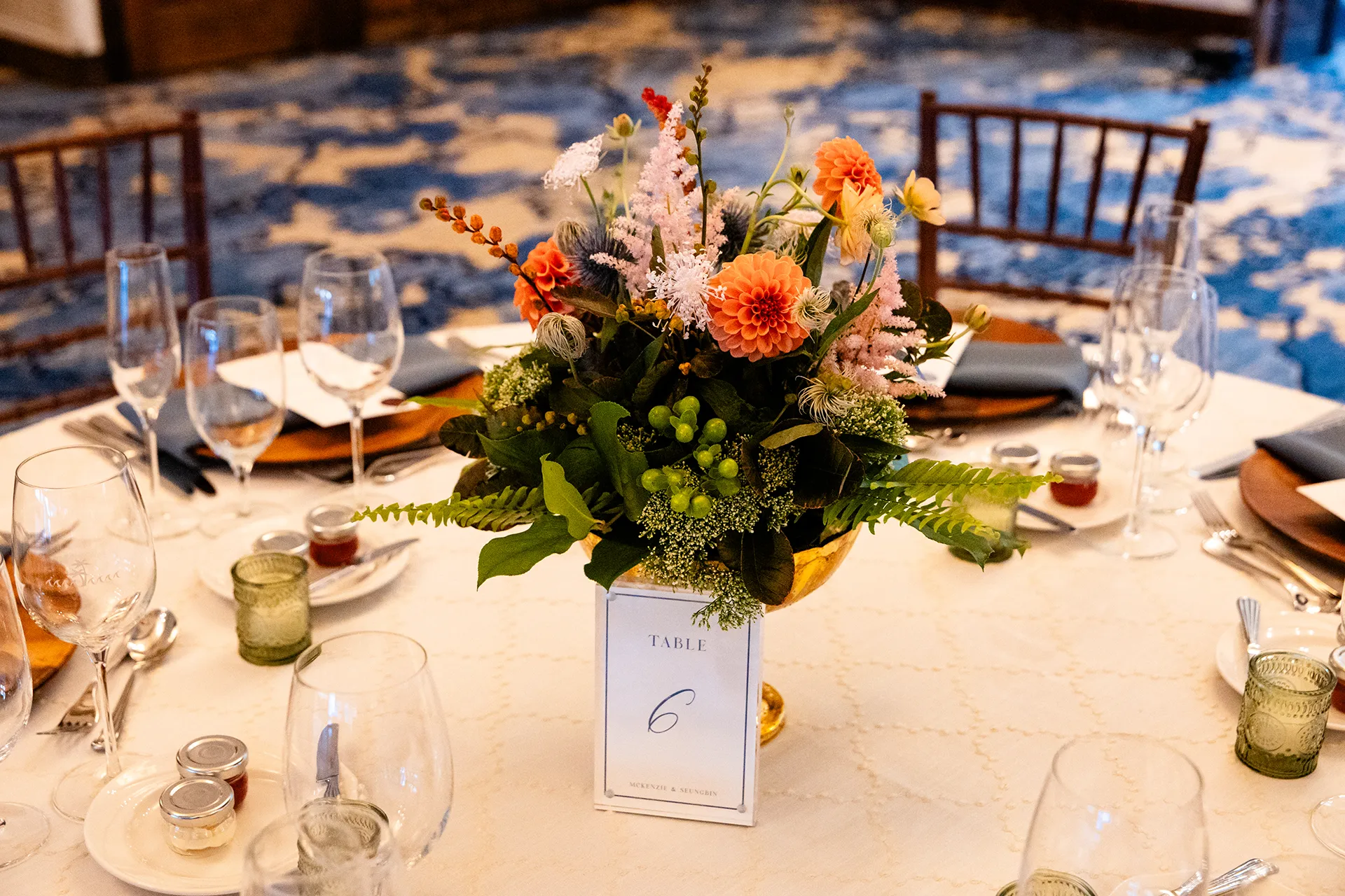 A closeup of a floral centerpiece for a wedding reception at the Bar Harbor Club near Acadia National Park in Maine.