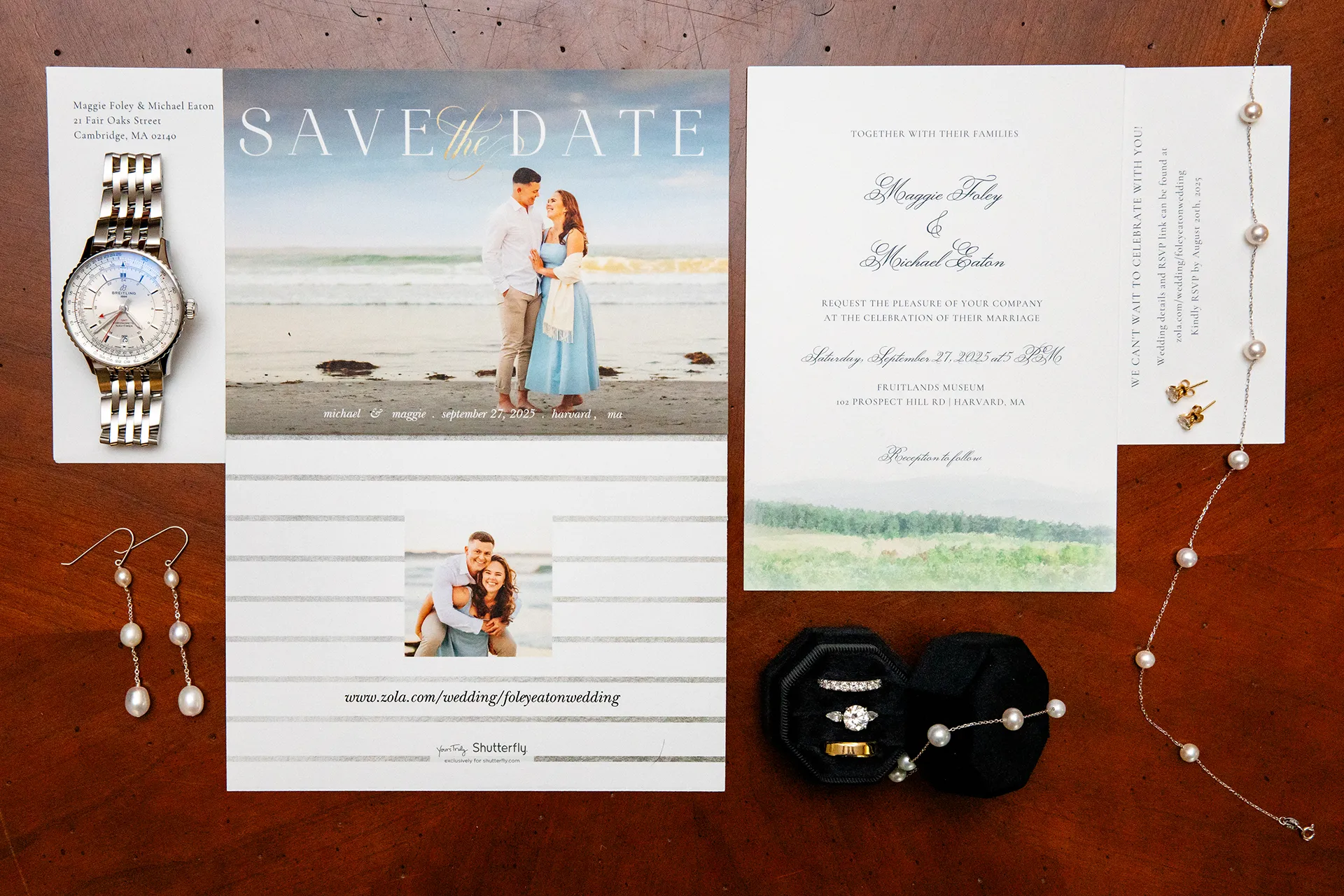 A wedding flat lay at Fruitlands Museum in Harvard Massachusetts.