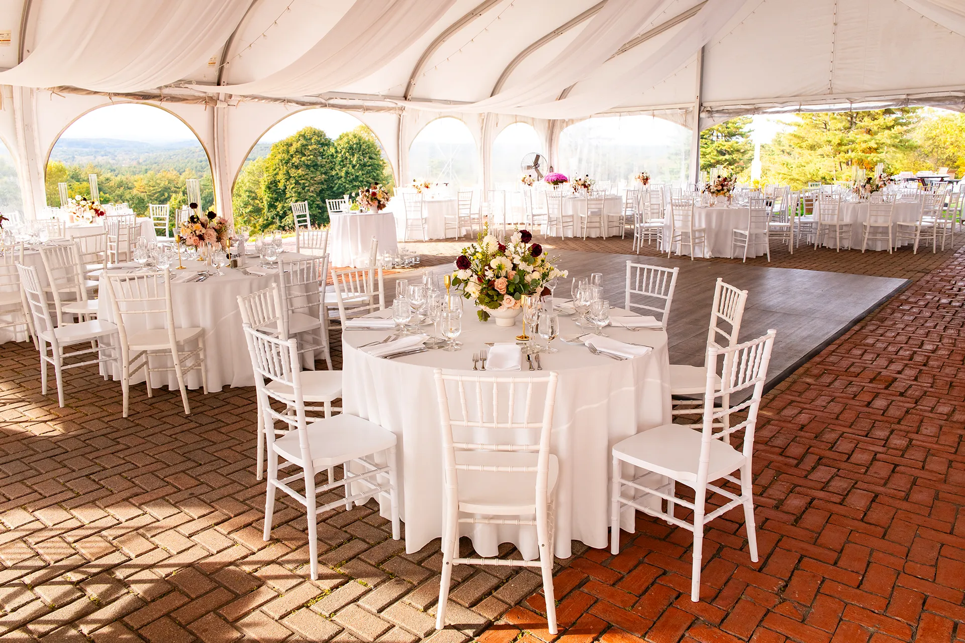 A wedding reception setup at Fruitlands Museum in Harvard Massachusetts.