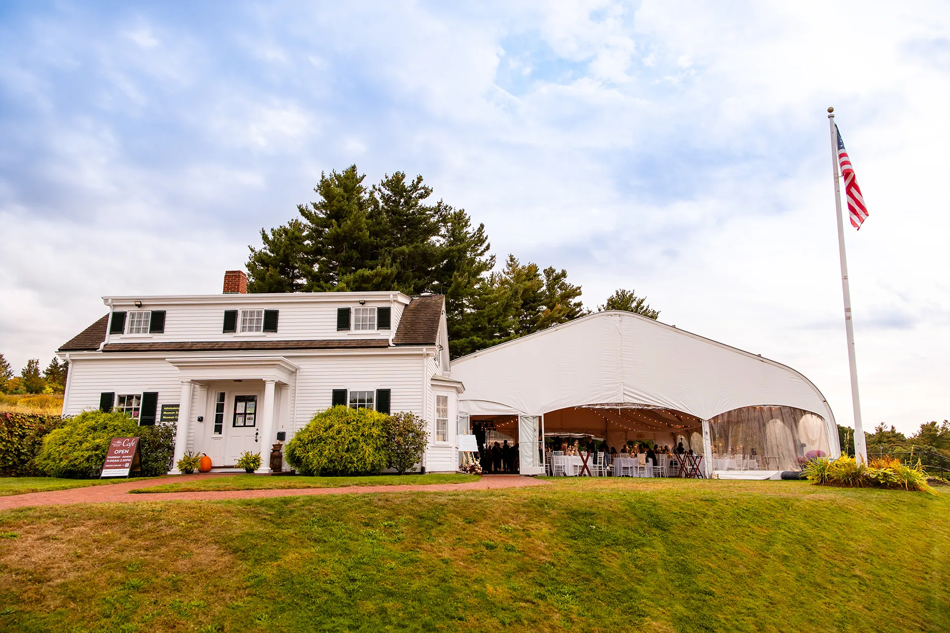 A tent setup for a wedding reception at the Fruitlands Museum in Harvard, Massachusetts.