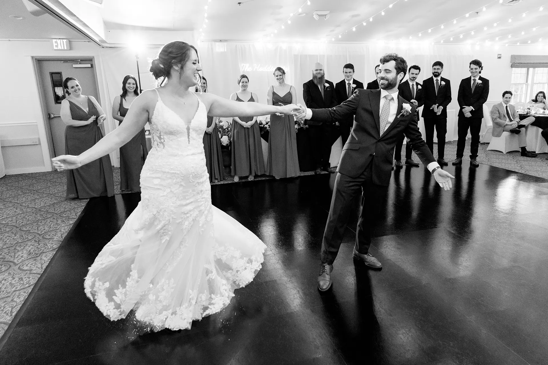 maine wedding photography meghan phil 42 A bride and groom share a first dance during a wedding reception at the Atlantic Oceanside Hotel & Event Center in Bar Harbor, Maine.