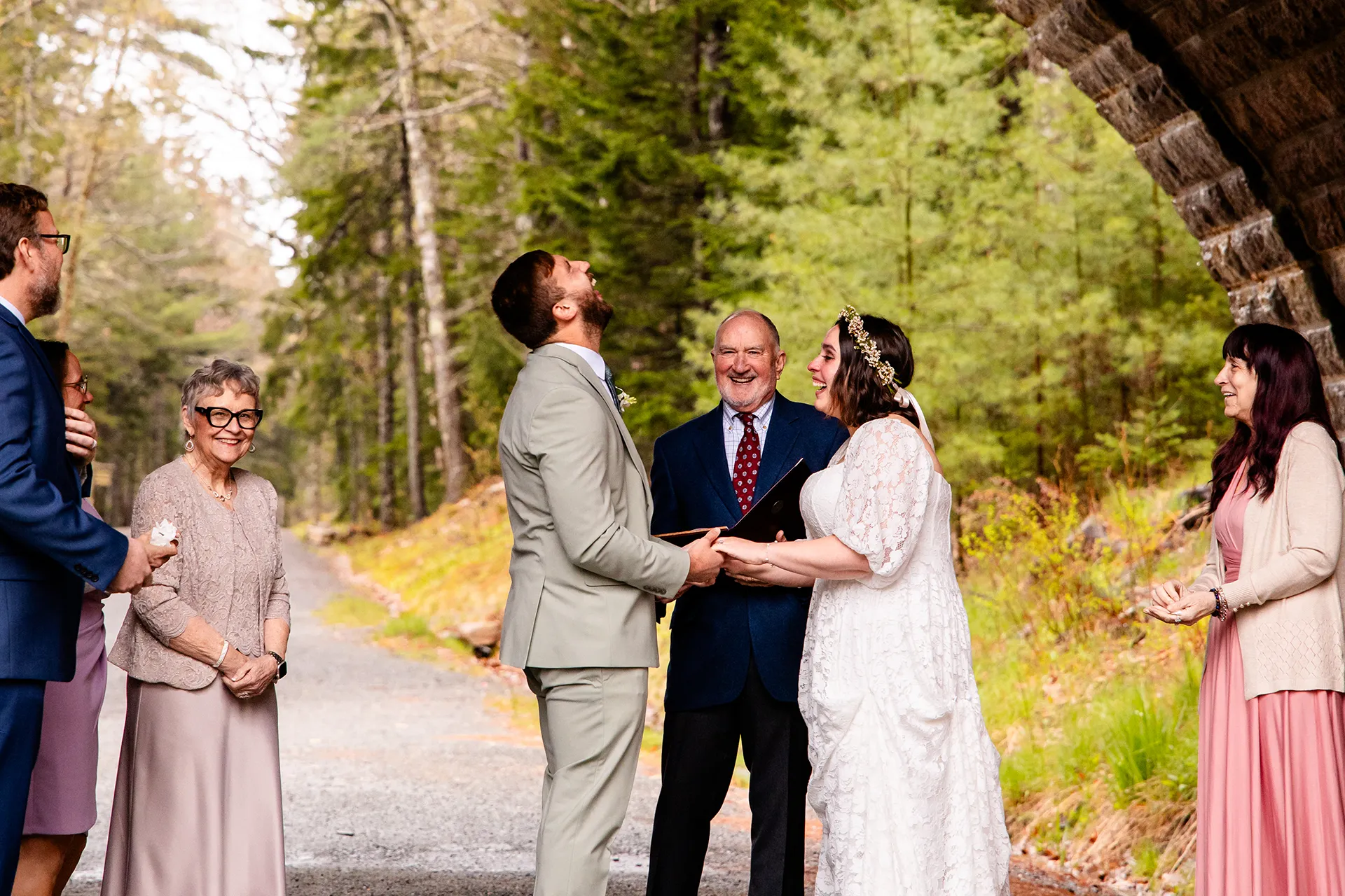 maine wedding photography mystic andrew 07 A bride and groom laugh during an elopement ceremony at Eagle Lake in Acadia National Park near Bar Harbor, Maine.