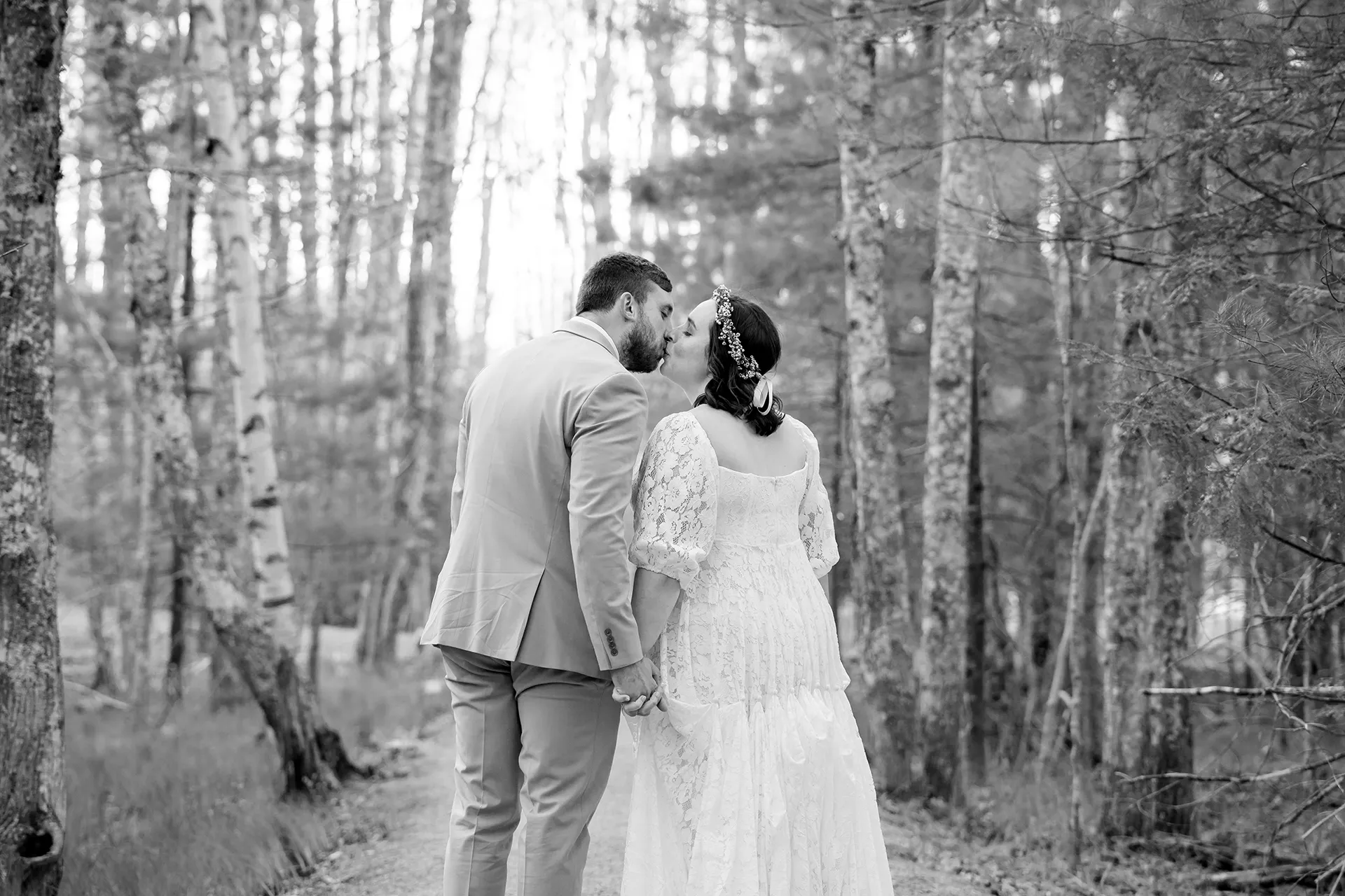 maine wedding photography mystic andrew 22 A newly married couple kiss on the Hemlock Trail during wedding portraits in Acadia National Park near Bar Harbor, Maine.
