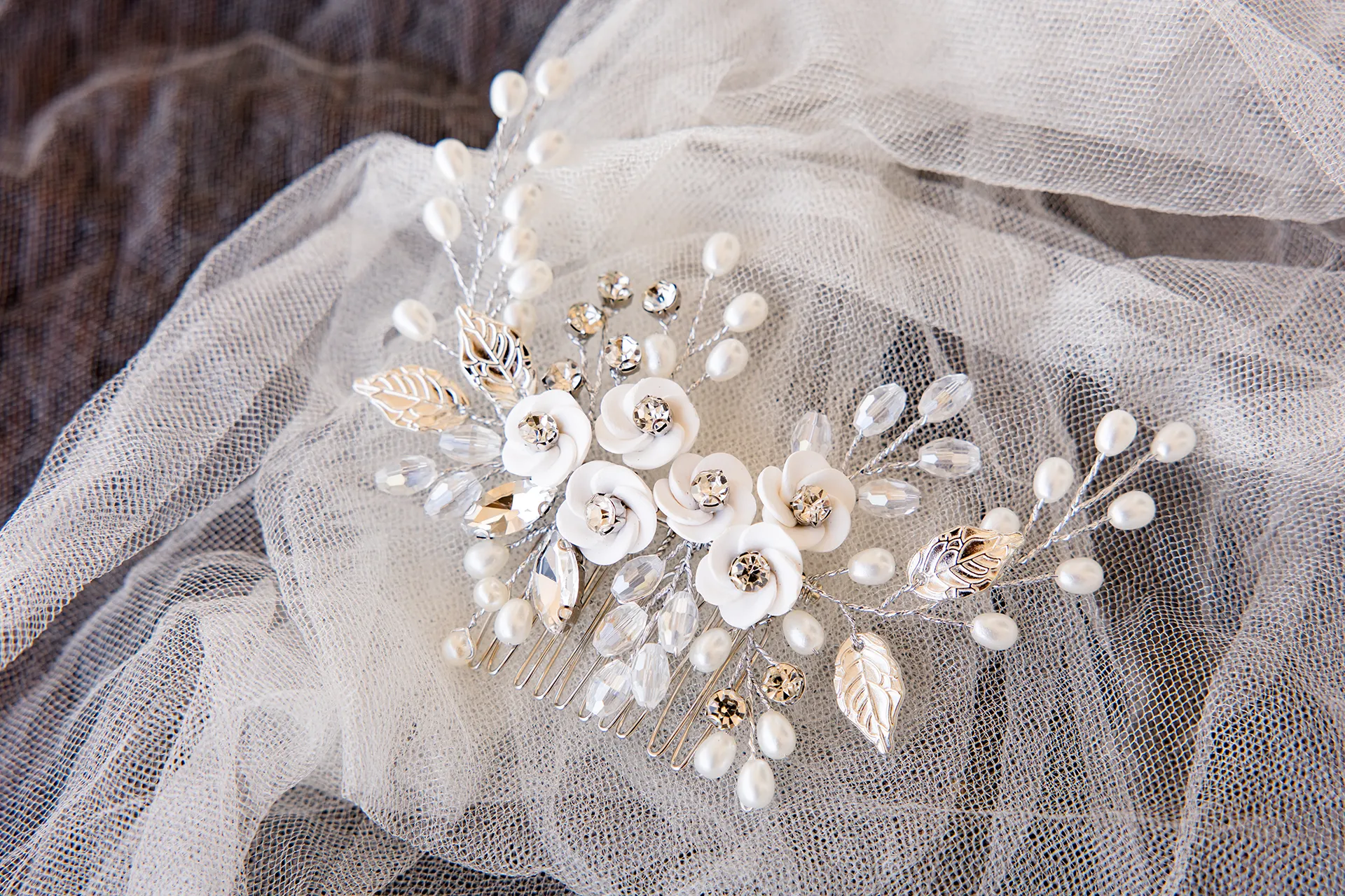 A closeup of a hair piece for a wedding at the Bar Harbor Inn and Spa in Bar Harbor, Maine.