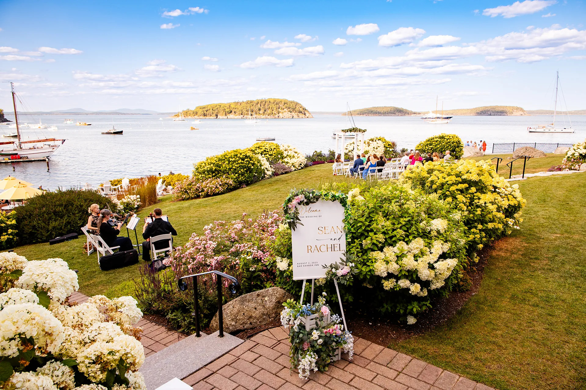 A wedding ceremony setup on the lawn at the Bar Harbor Inn and Spa overlooking Frenchmen Bay in Bar Harbor, Maine.