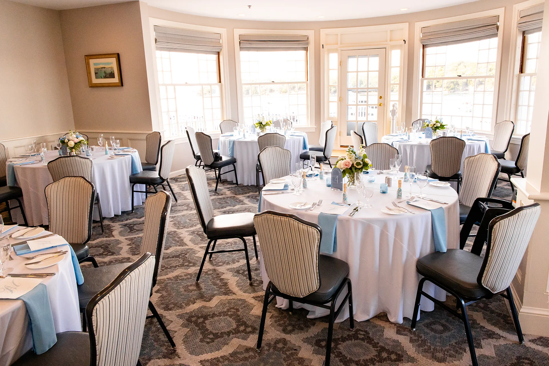 A wedding reception setup in the Porcupine Room at the Bar Harbor Inn and Spa in Bar Harbor, Maine.