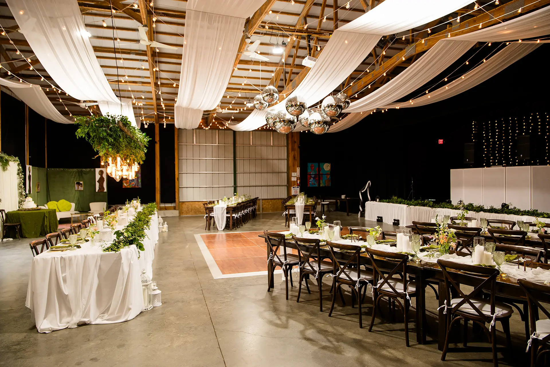 A wedding reception setup at Kingsley Pines Camp in Raymond, Maine.