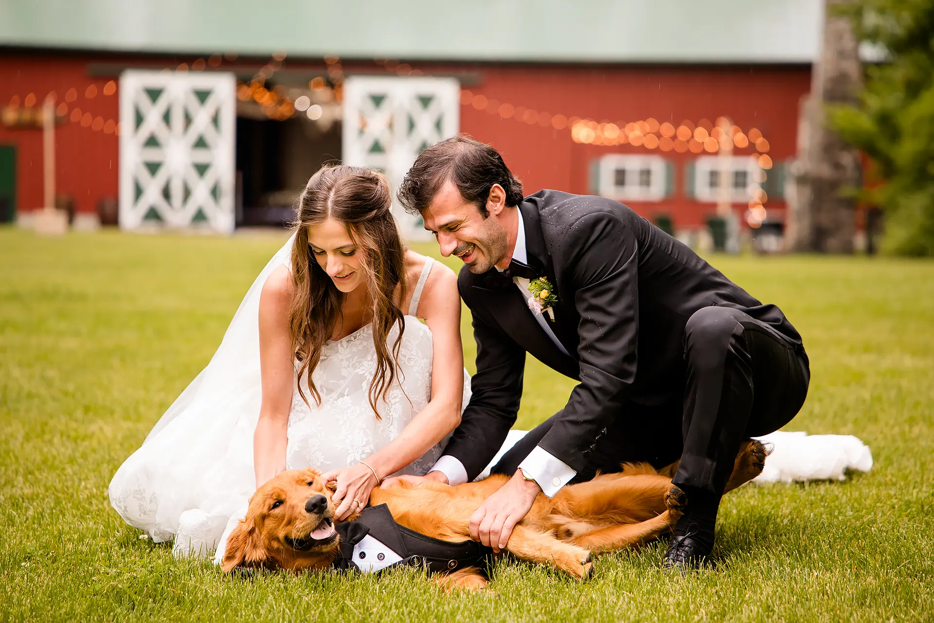 A bride and groom give a golden retriever wearing a suit pats during wedding portraits at Kingsley Pines Camp in Raymond, Maine.