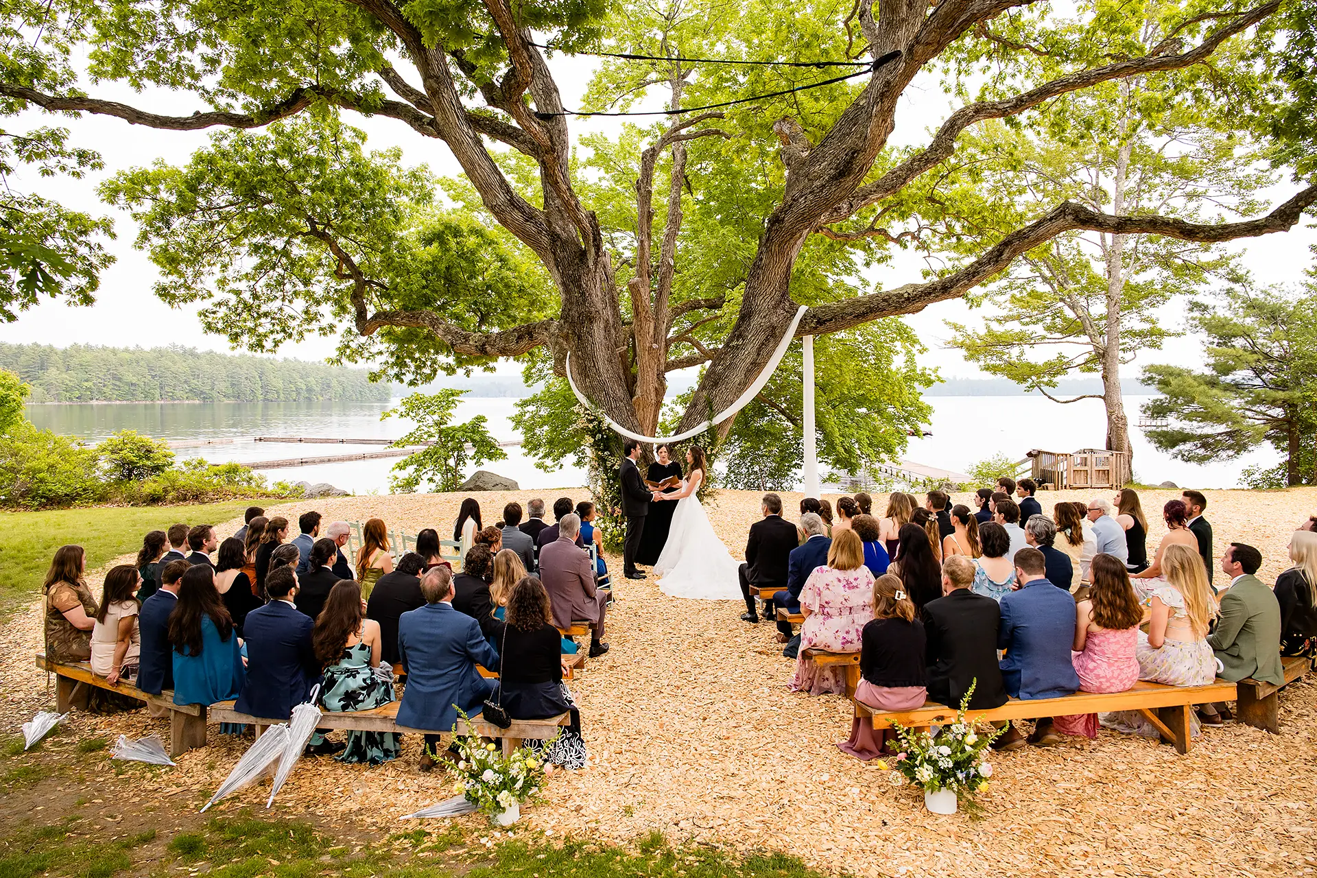 A bride and groom stand under a tree and hold hands during a wedding ceremony at Kingsley Pines Camp in Raymond, Maine.