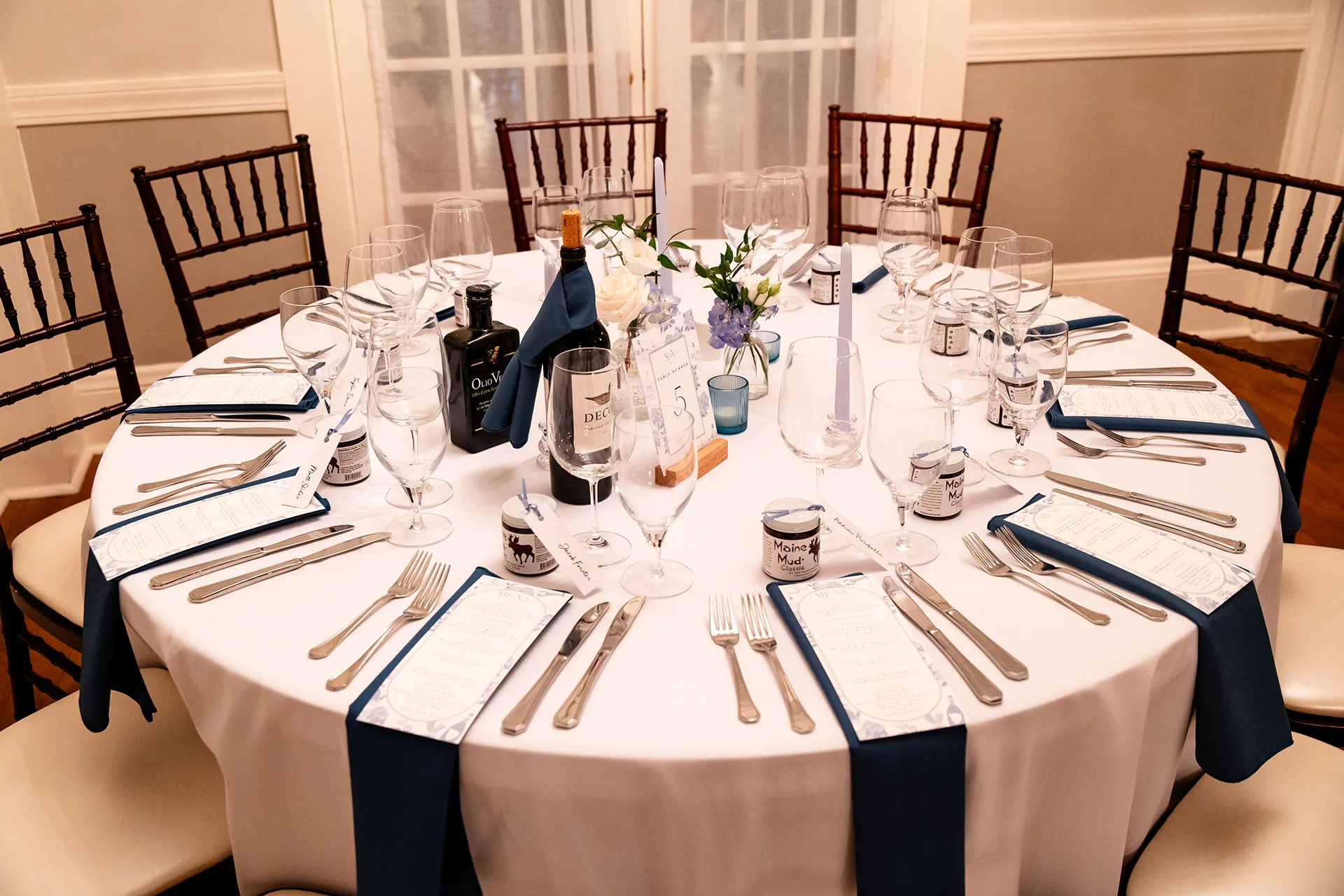 A closeup of a table for a wedding reception at the Nonantum Resort in Kennebunkport, Maine.