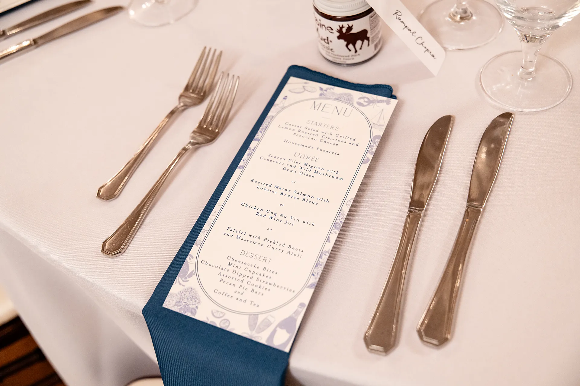 A closeup of a menu for a wedding reception at the Nonantum Resort in Kennebunkport, Maine.